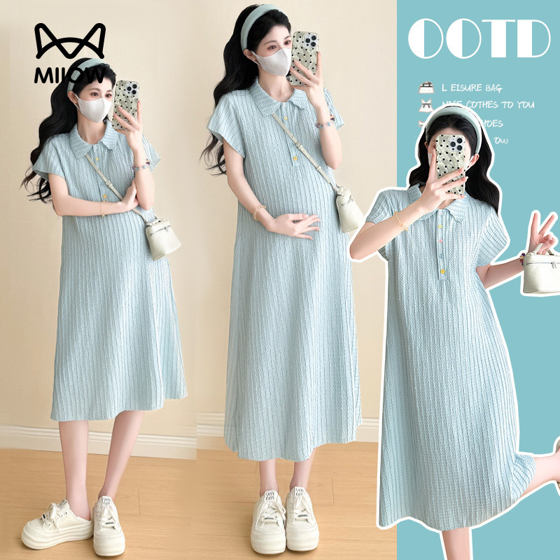 Catman Maternity Dress 2026 Summer New Style Refreshing Ice Feeling Short Sleeve Lapel Mid-Length Slimming Polo Long Dress