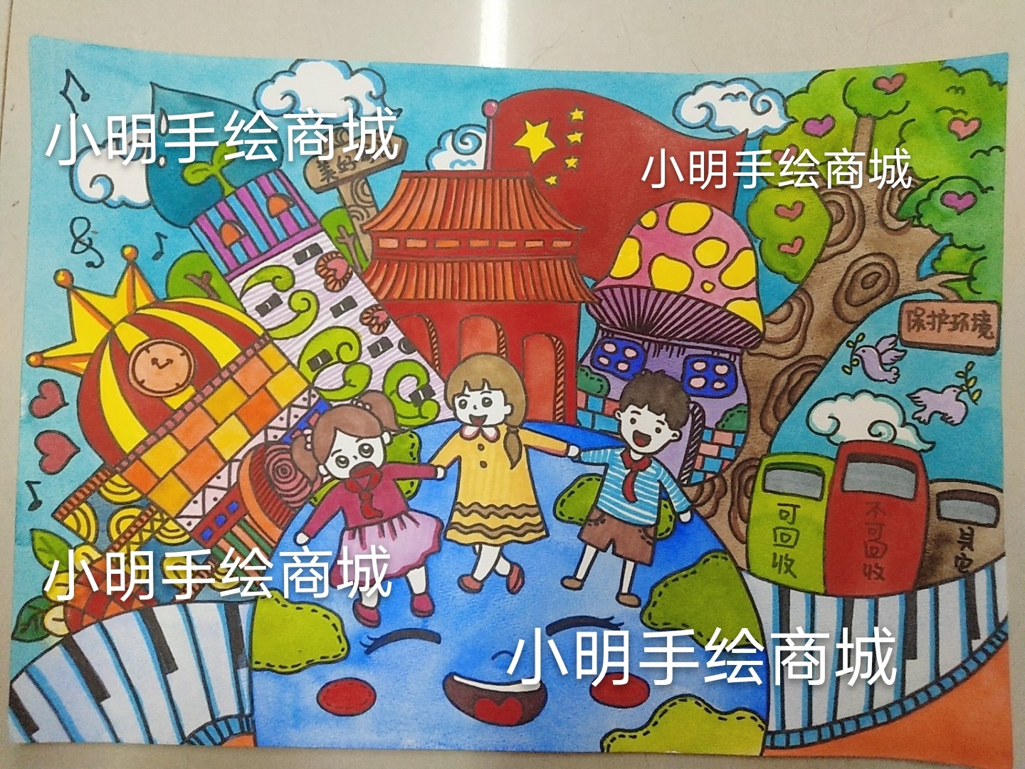 Environmental protection garbage classification recycling hand-painted finished products Young Pioneers volunteer service children's painting original customization