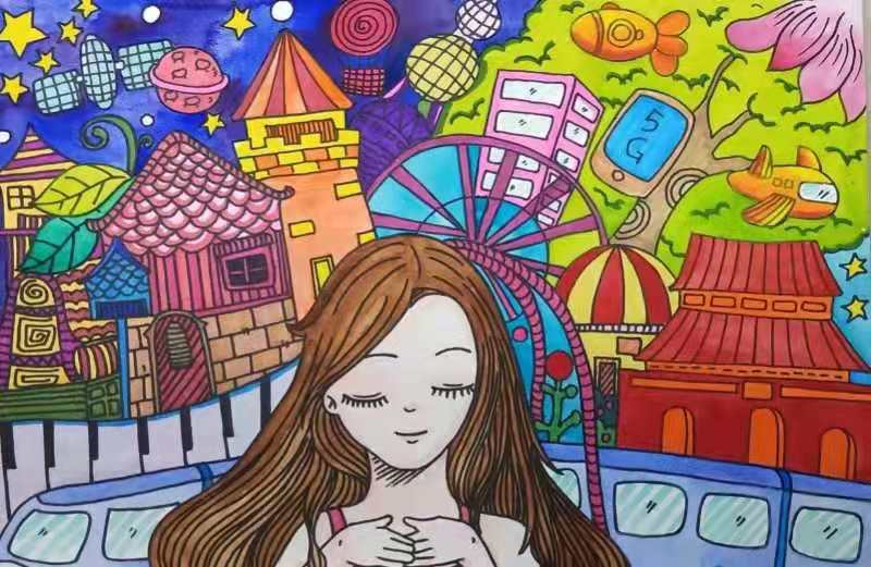 Pure hand-painted painting sci-fi technology painting children's painting sci-fi painting hand copy newspaper picture book garbage classification environmental protection painting