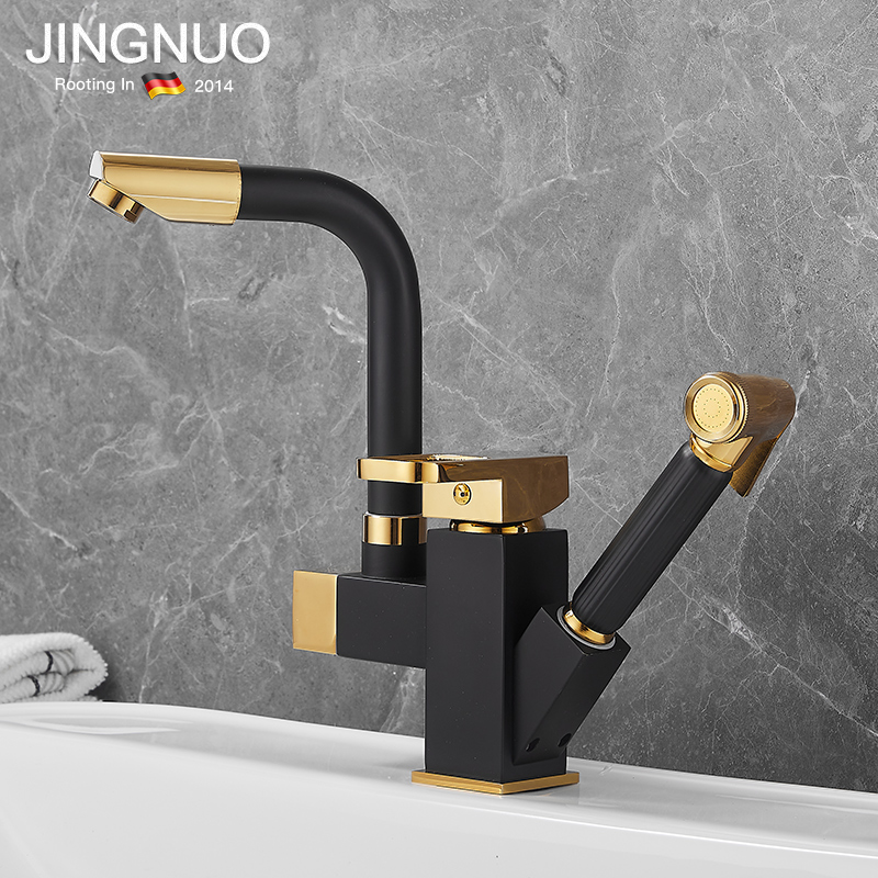 German Crafts Full Copper Black Telescopic Hot And Cold Washbasin Terrace Basin Bathroom Washbasin Pull-out Tap