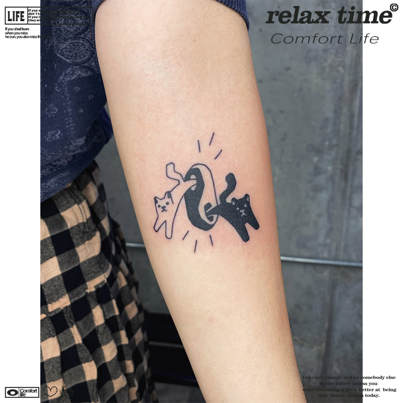 Shadow Lolita Two Cats Pattern Tattoo Stickers, Colorful and Long-Lasting, Arm-Friendly, Sweet and Energetic, Waterproof Design