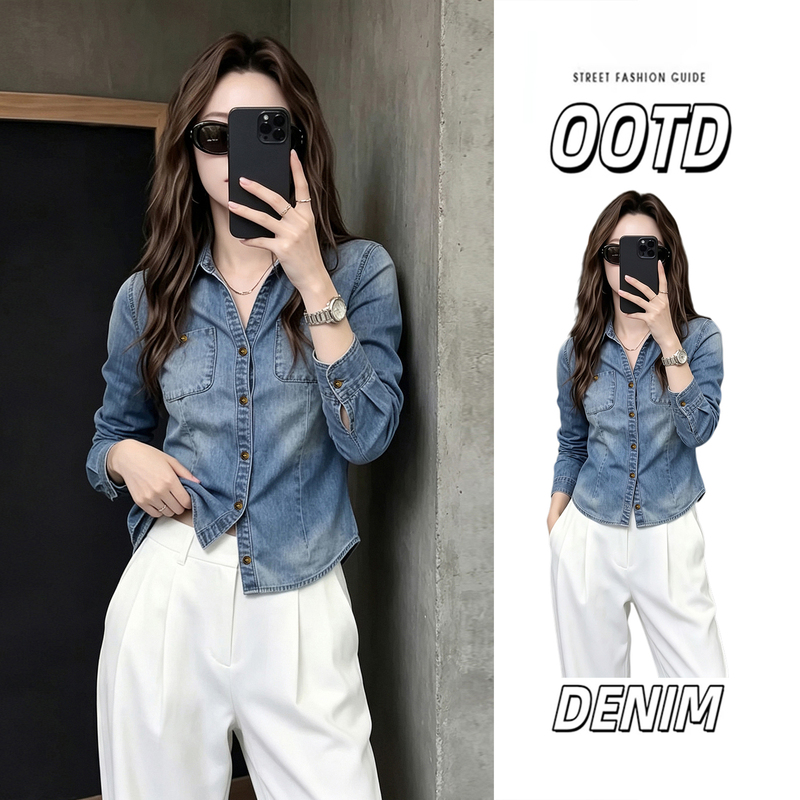 Designer Exquisite Denim Shirt for Women, Early Autumn New Style, Trendy Hot-Selling Polo Collar Regular Shoulder Shirt Top