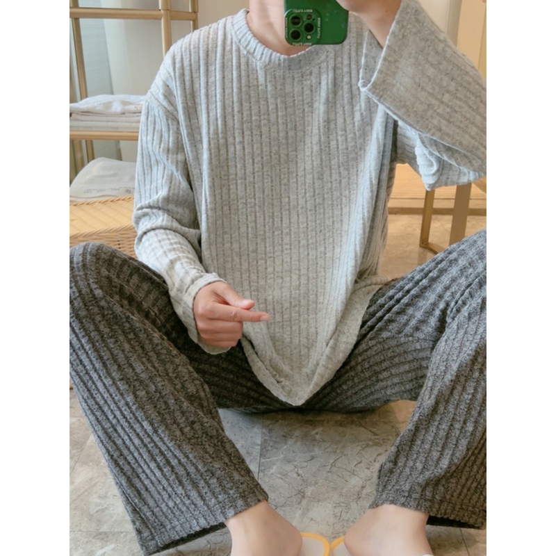 Japanese Gp Knitted Fleece Pajamas for Men, Autumn and Winter Warm Fleece Korean Style Youth Loungewear, Plus-Size Oversized Set