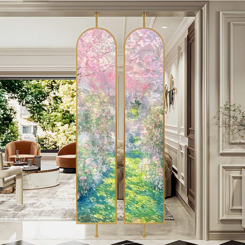 French-Style Cream-Colored Handcrafted Filigree Enamel Glass Partition Screen for Living Room, Modern Light Luxury Entrance Partition with Light Transmission