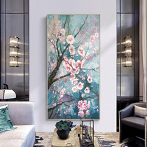 New Chinese Peach Blossom hand-painted oil painting porch vertical painting tea room study single mural living room dining room decoration painting