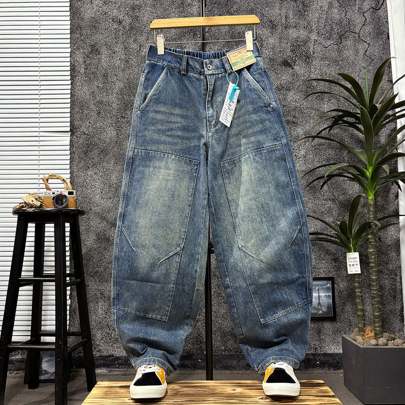 Vintage Washed Men's Jeans for Spring and Autumn, Thickened, Loose Fit, Pleated Patchwork, Distressed Straight Tapered Wide-Leg Pants