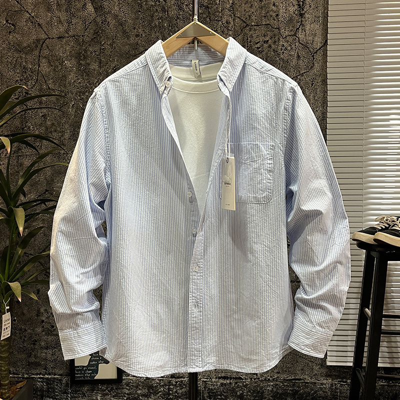 Japanese Retro Thin Striped Shirt for Men, Pure Cotton, Spring and Autumn Classic Versatile Artistic Vertical Striped Long-Sleeve Shirt for Men