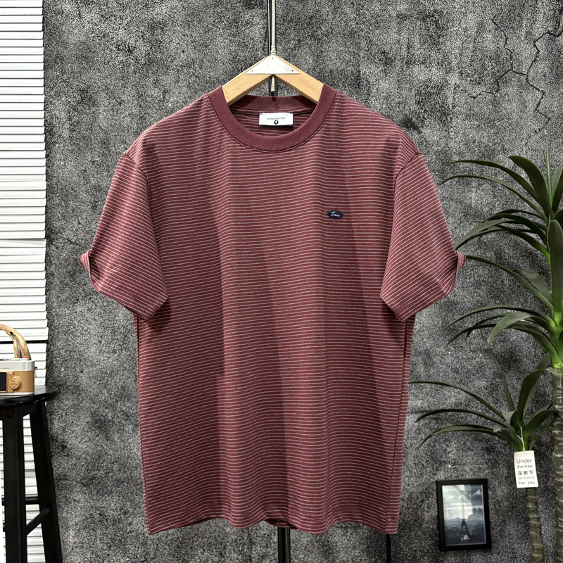 Retro Stripesd Short-Sleeved T-Shirt for Men, Pure Cotton, Comfortable Round Neck, Korean Style Normcore Embroider, Fine Stripesd Half-Sleeved T-Shirt Tee