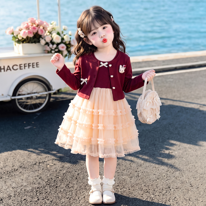 Girls' Dress Spring and Autumn 2026 New Children's Cardigan Cake Dress Autumn Outfit Baby Princess Dress Two-Piece Set Girls' Dress Spring and Autumn 2026 New Children's Cardigan Cake Dress Autumn Outfit Baby Princess Dress Two-Piece Set