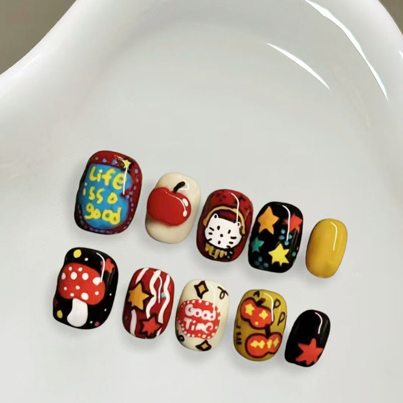 Mushroom Kitty Dopamine Wearable Nails: Fashionable and Stylish, Showcasing Individuality, New Short Nail Stickers for Autumn and Winter Holidays