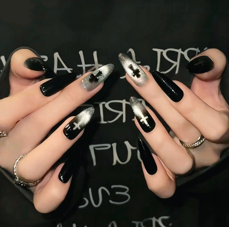 Silver and Black Cross Nail Art, Subculture Gradient Cool Punk Street Style, Niche Medium Oval Nail Stickers