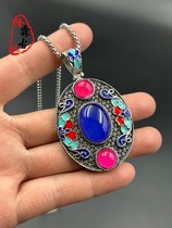 Antiques and miscellaneous retro patina hand-inlaid old Tibetan silver cloisonné thermochromic gemstone necklace men and women pendants