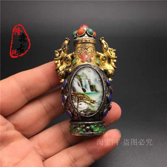 Antiker, antiker Distressed-Kupferstangenlöffel, mittelgroß, Landschaftsmalerei, Schnupftabakflaschenzubehör, praktischer eingelegter Kupferdeckel