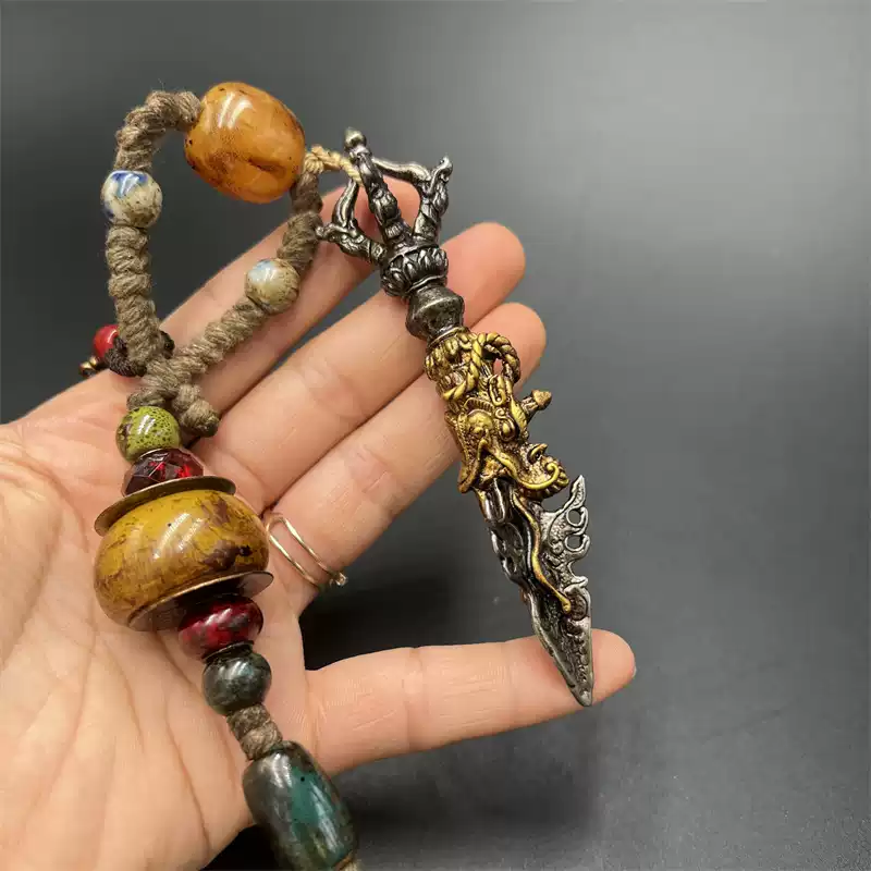 古玩杂项仿古藏传鎏金天铁錾刻龙头金刚杵手工编织