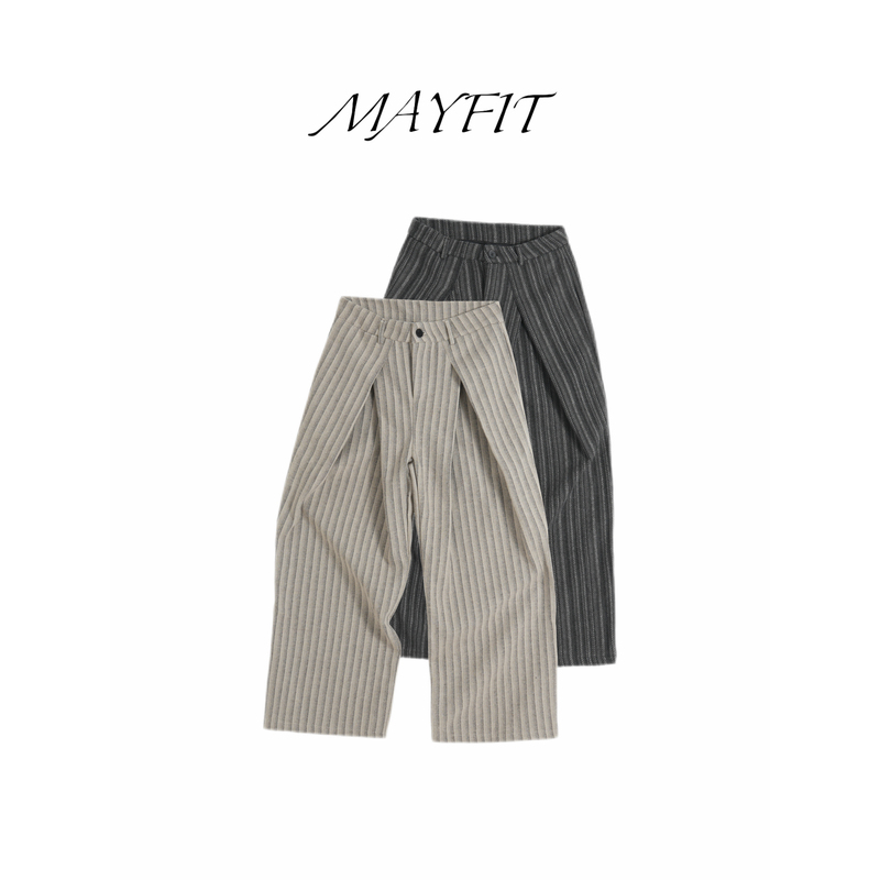 Mayfit'Striped' Wool-Blend Bronze Ykk Drape Wide-Leg Pants, Old Money Style, Casual Cleanfit Mayfit'Striped' Wool-Blend Bronze Ykk Drape Wide-Leg Pants, Old Money Style, Casual Cleanfit