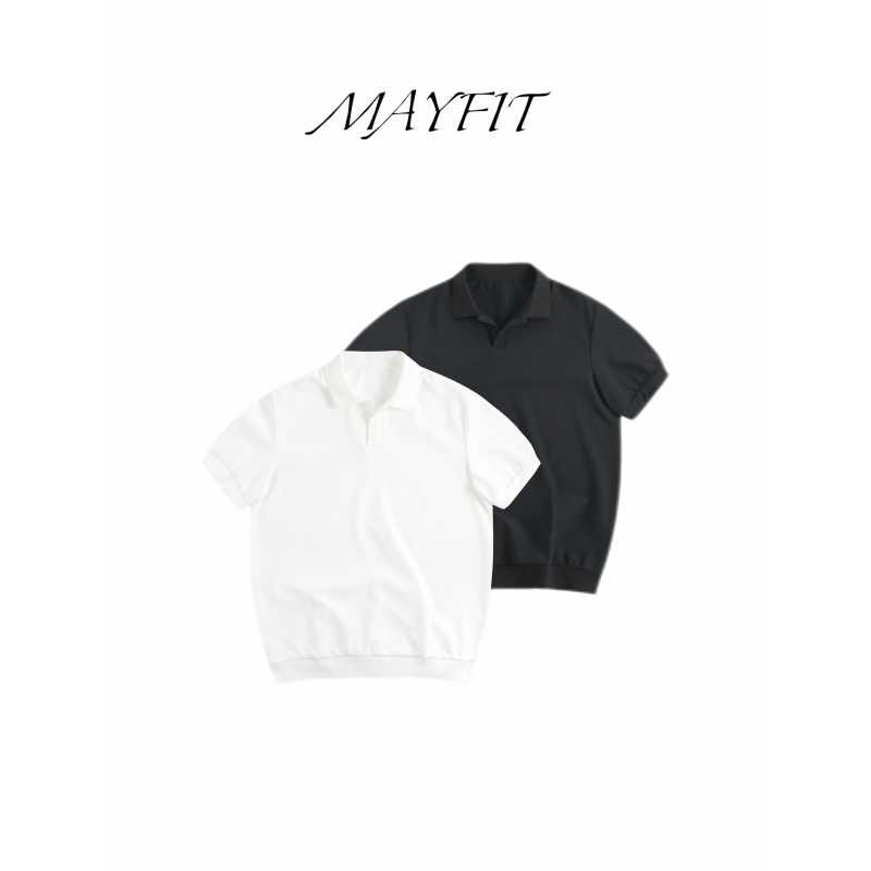 Mayfit'Seagull' Collar Polo Shirt with Regular Shoulders and Cuffed Sleeves, Solid Color, Knitted, Stretchy, High-End Textured Ribbed Pattern