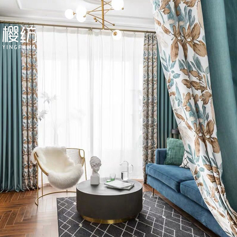 2019 new peacock blue floor-to-ceiling living room bedroom curtain Casablanc American Mediterranean curtain custom