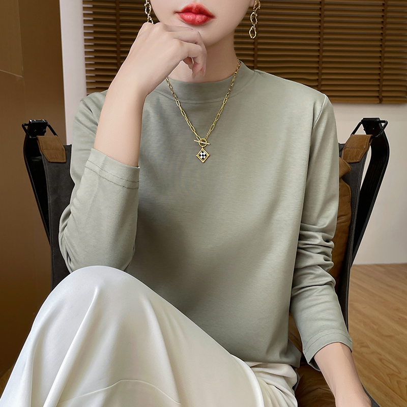 【New Domestic Product】100% Pure Cotton Long-Sleeve Combed Cotton T-Shirt for Women, Half-Turtleneck, Loose Fit, Plus Size Base Layer Top T-Shirt