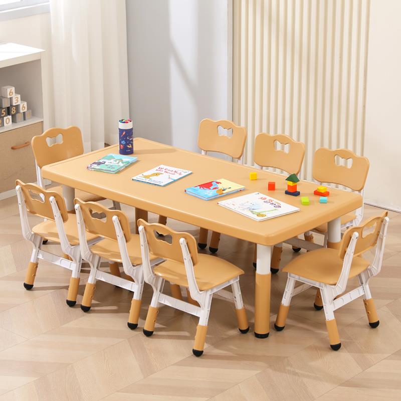 Log color children's table and chair set kindergarten learning table plastic rectangular household baby early education can be lifted
