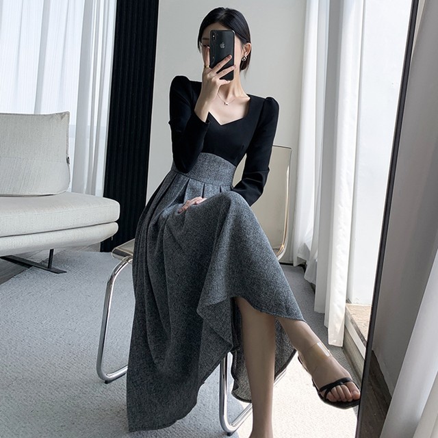 Autumn style French temperament square collar splicing high-end dress 2022 plus size fat mm slim waist and long skirt women