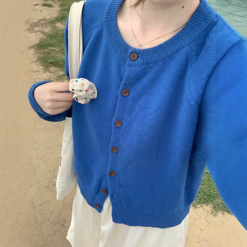 Klein Blue Round-Neck Knitted Cardigan for Women, 2026 Autumn, Loose, Lazy, Soft Sweater Jacket, Inner Layer Top