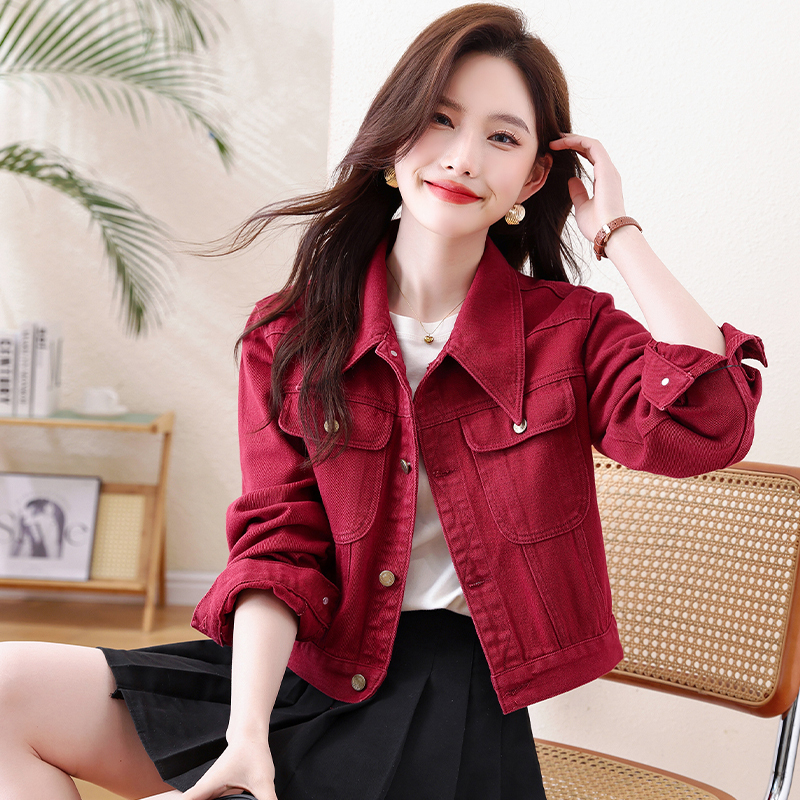 Burgundy Casual Loose Short Denim Jacket for Women, Versatile for Spring and Autumn, Age-Reducing Button-Up Soft Denim Jacket Burgundy Casual Loose Short Denim Jacket for Women, Versatile for Spring and Autumn, Age-Reducing Button-Up Soft Denim Jacket