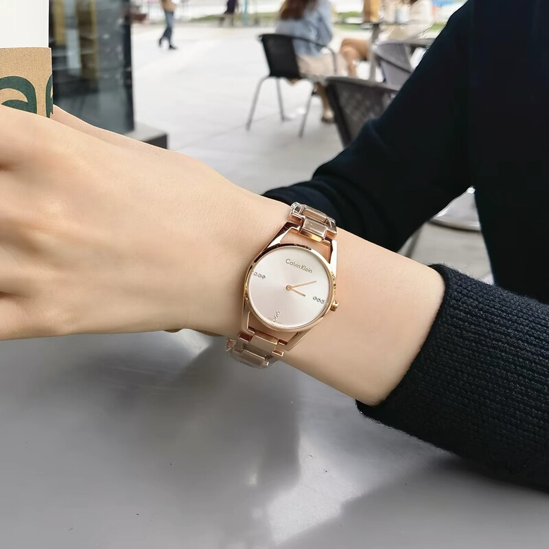 Authentic Swiss Ck Watch with Quartz Movement, Diamond-Encrusted Hollow Steel Band, Simple Design, Luxury Waterproof Wristwatch for Women