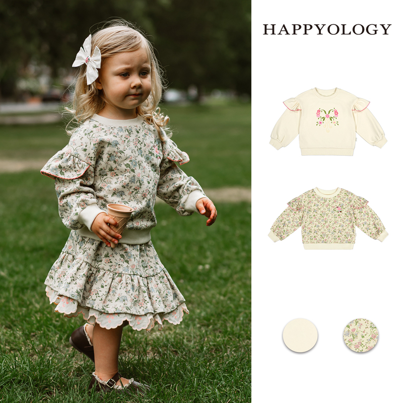 Happyology British Children's New Autumn and Winter Tops for Girls, Children's Clothing, Small Flying Sleeves, Embroidered Long-Sleeved Round-Neck Sweatshirt