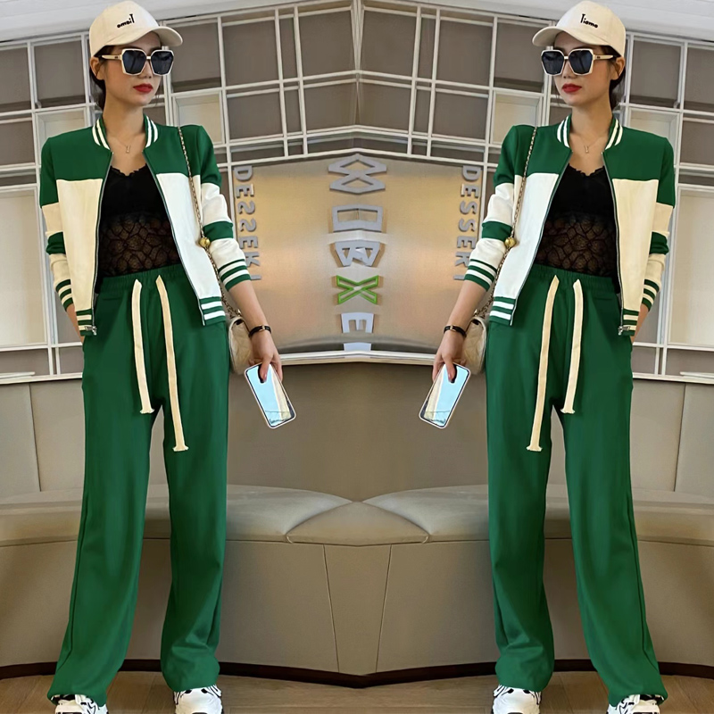 2022 spring new fashion temperament color matching long-sleeved cardigan coat mopping straight pants two-piece women's trendy ins