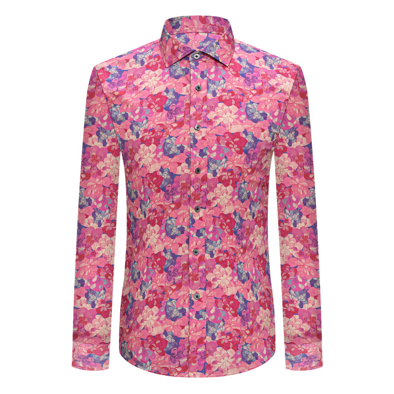 High-End Long-Sleeved Shirt for Men, 2026 Spring New Style, Red Floral Emerald Bay Print, Handmade Cool and Handsome Shirt