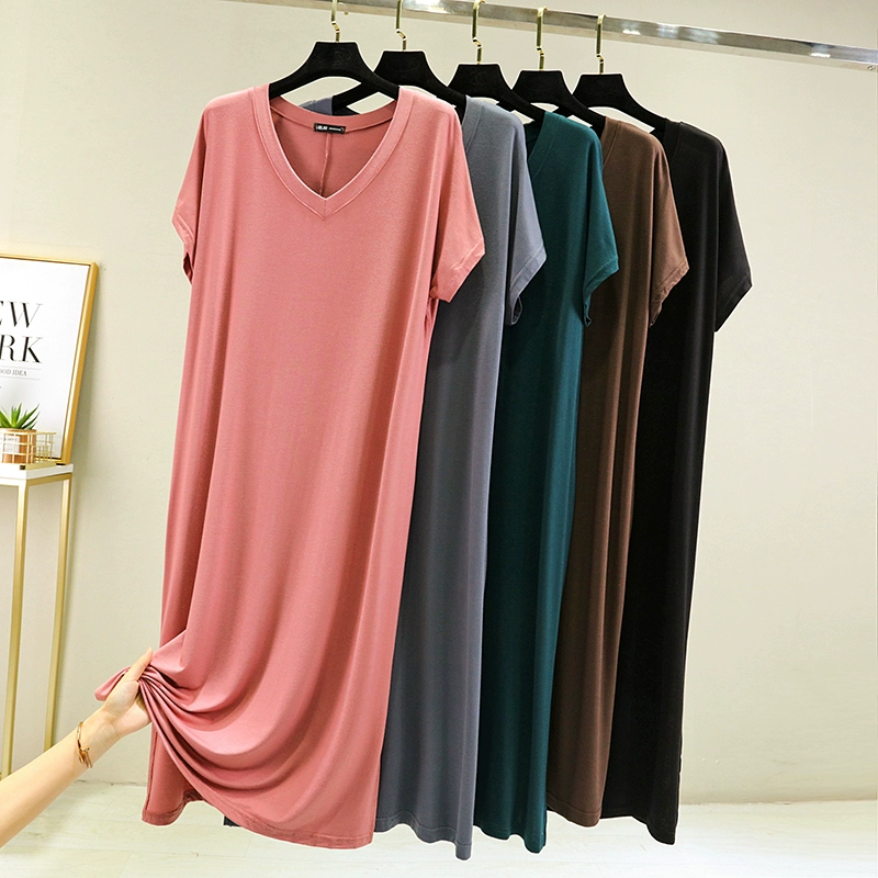 Váy ngủ nữ kiểu dáng mùa hè mỏng phần cổ chữ V dài thường váy rời cỡ lớn Phiên bản Hàn Quốc của váy áo thun ngắn tay màu tinh khiết - Sản phẩm HOT