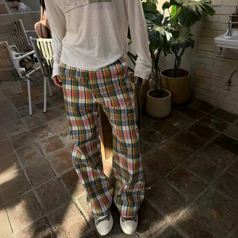 Jox Mirao Red, Yellow and Blue Primary Color Plaid Straight-Leg Micro-Flared Casual Pants, Unisex