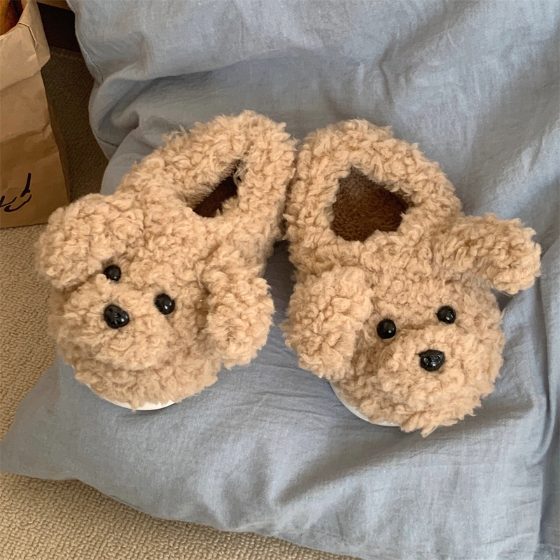 Home Cotton Slippers for Family, Soft-Soled, Warm, Trendy Cartoon Teddy Dog Design, Suitable for Men and Women, Plush Shoes for Bedroom Use