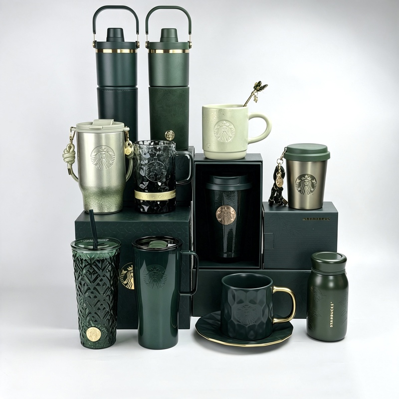 Starbucks Dark Green Gold-Plated Goddess Nameplate Glass Straw Ceramic Tabletop Stainless Steel Insulated Plate Mug