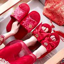 Married slippers year couple winter marriage bed with its bright red curtains pair wedding indoor wedding couple anti-slip cotton Baotou drag