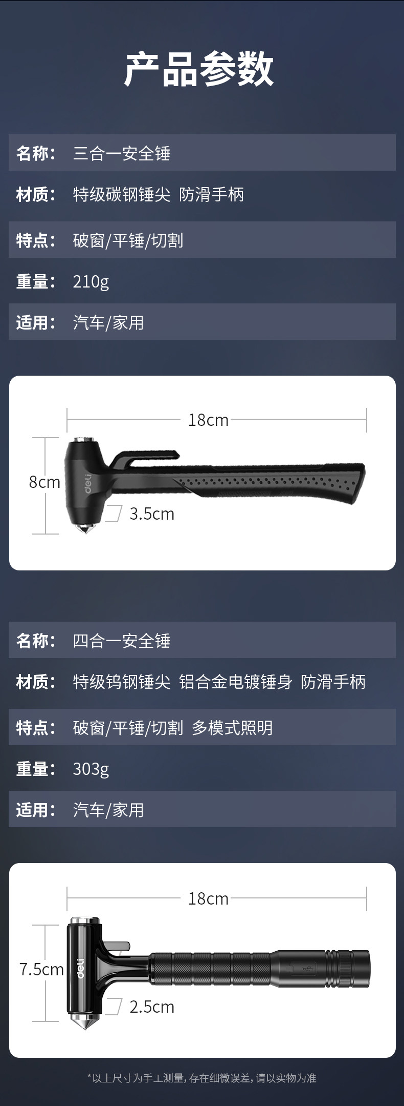 Deli Safety Hammer Car Window-Breaking Tool Multifunctional 4-in-1 with Cutter for Vehicle Interior Glass Escape Hammer Rescue Tool