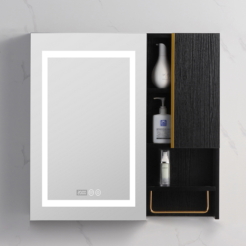 Customized modern minimalist black solid wood bathroom mirror cabinet wall-mounted mirror locker smart mirror box LED light mirror