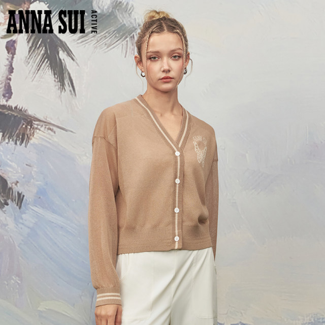 ANNASUI classic Anna series ສາຍຄໍ V ຖັກແສ່ວ cardigan ribbed cinch ເສື້ອຍືດທີ່ເປັນມິດກັບຜິວຫນັງທີ່ງຽບສະຫງົບຫລູຫລາຂອງແມ່ຍິງເງິນເກົ່າ