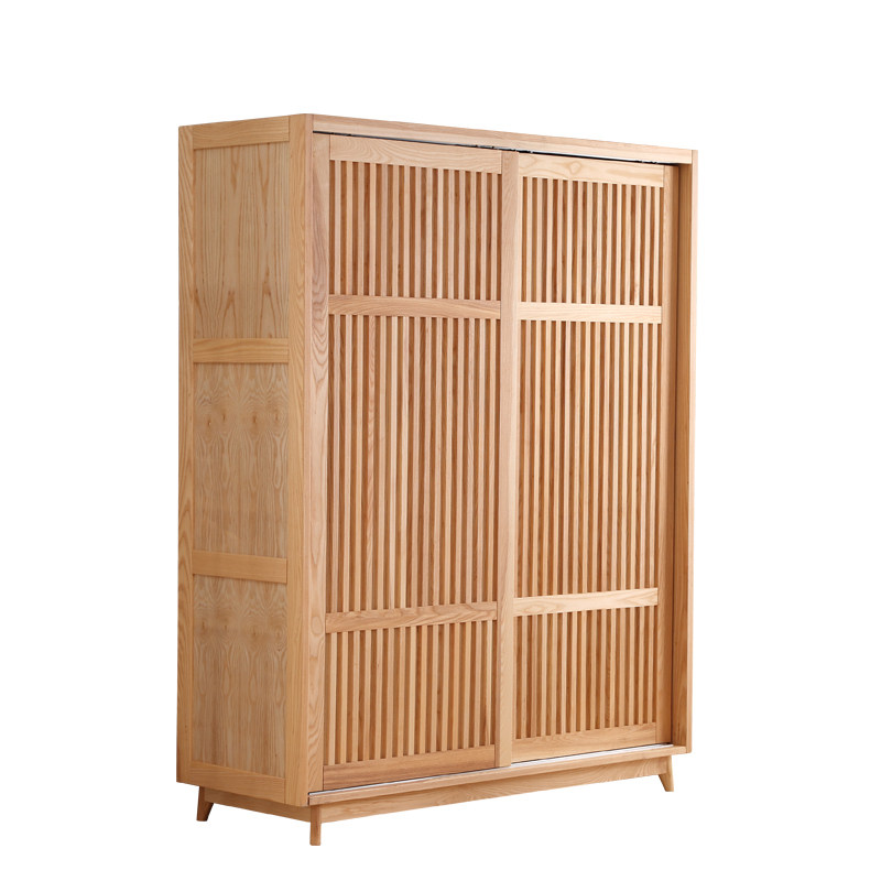 New Chinese style log color solid wood wardrobe Zen simple flat door sliding door locker hanging wardrobe homestay customization