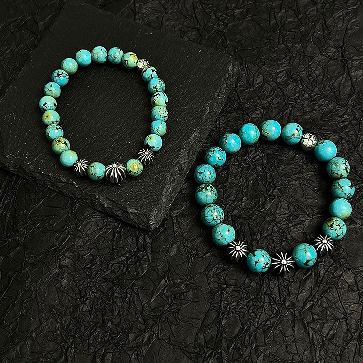 Aonnteag Turquoise Bracelet with Four Silver Beads S925 Sterling Silver Retro Trendy Unisex Couple Bracelet Gift