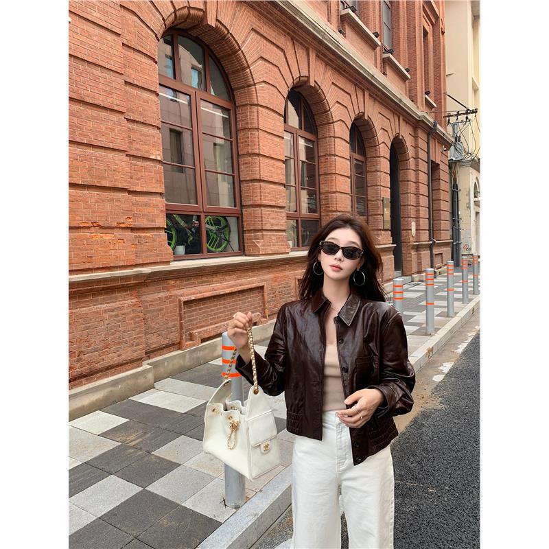 Haining Leather Jacket for Women, Oil-Waxed Lambskin, Turkish Imported Sheep Leather, Yadan Style Brown Leather Jacket, Fashionable Short Style