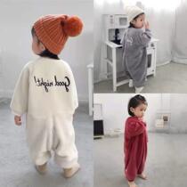 Children conjoined pajamas baby autumn winter plus suede thickened flannel home Coral Suede Climbing Suit Baby Sleeping Bag