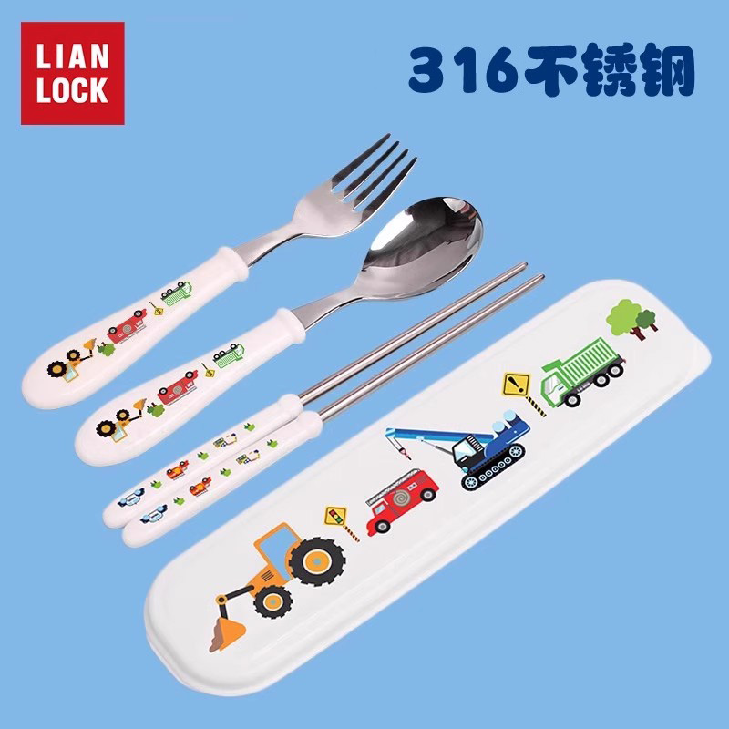 Interlocking children's tableware 316 stainless steel chopsticks spoon set fork portable primary school student three-piece set spoon storage