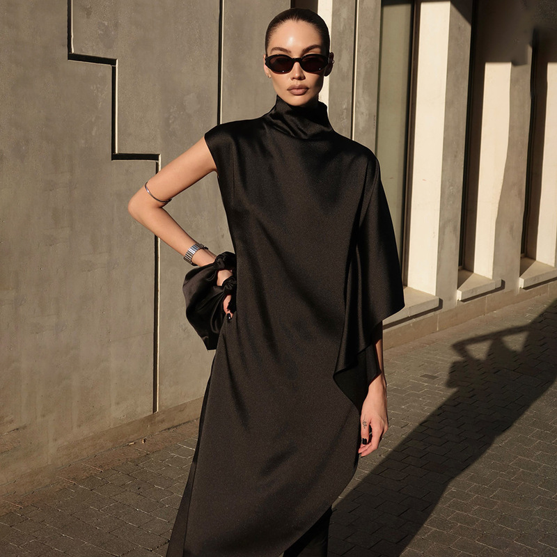 European and American 2025 Summer New Style Half-High Collar Asymmetrical Dress, Elegant Loose Sleeveless Gown for Women