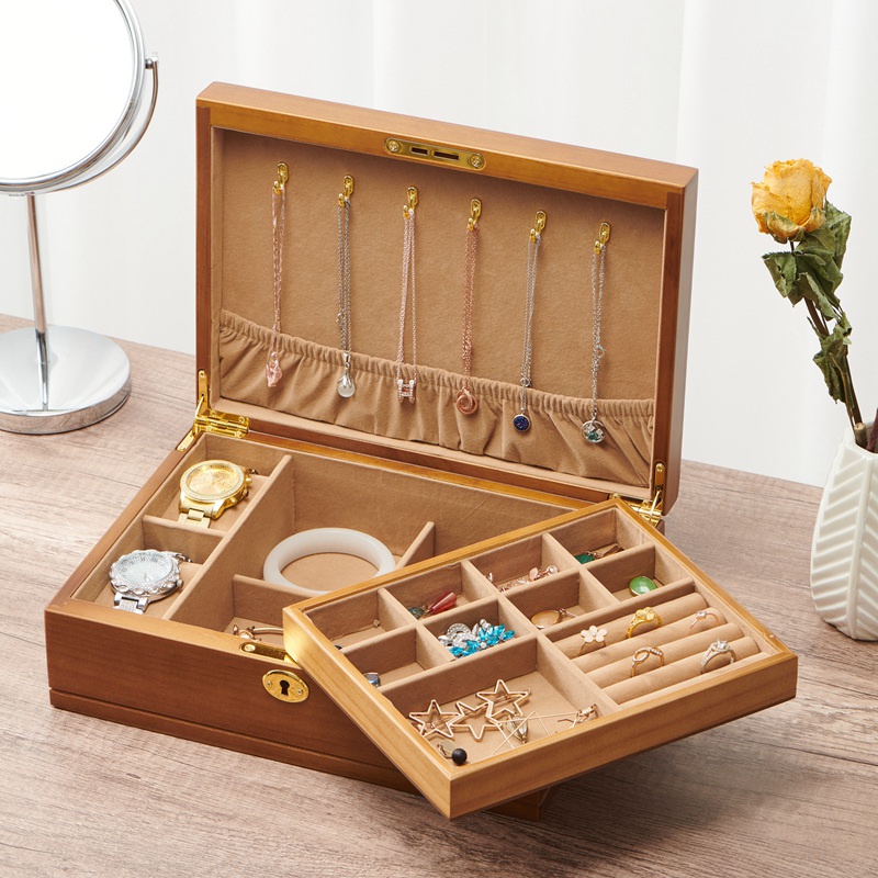 First decorated box solid wood retro wind with lock upscale delicate ring ear nail necklace jewellery containing box watch ornament box-Taobao