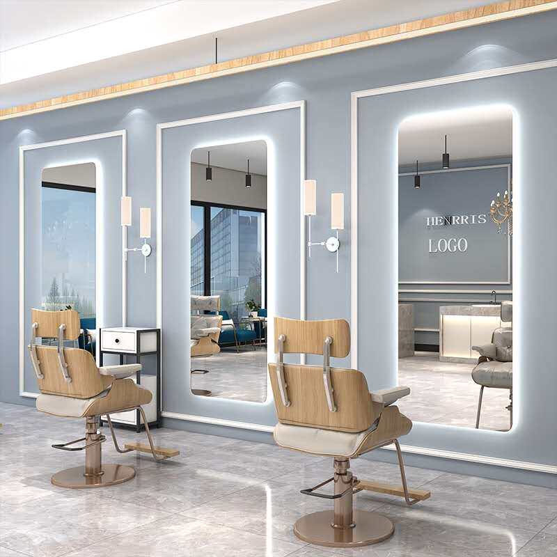 Barber shop mirror hair salon perm dyeing special wall-mounted hairdressing mirror table single-sided floor with smart light mirror led