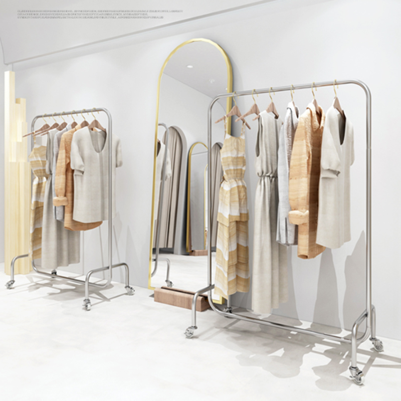Stainless steel wire drawing 2021 hanging clothes hanger silver color with wheel display rack Clothing Rack Women's Clothing Store Middle Island Shelf drop