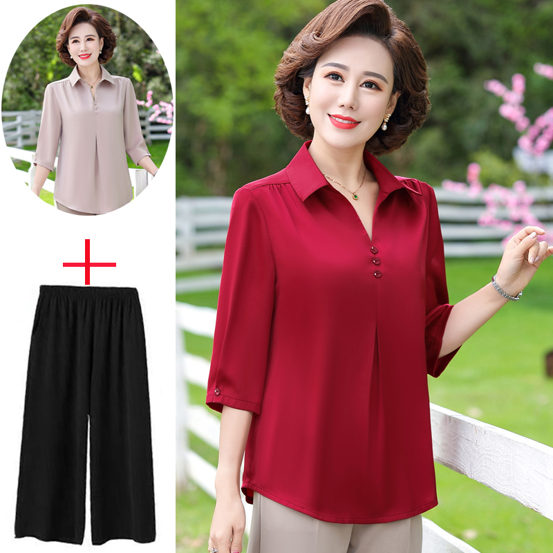 Plus-Size Summer Silk T-Shirt for Middle-Aged and Elderly Women, Made of Mulberry Silk, with Medium Sleeves, Stylish Shirt Plus-Size Summer Silk T-Shirt for Middle-Aged and Elderly Women, Made of Mulberry Silk, with Medium Sleeves, Stylish Shirt