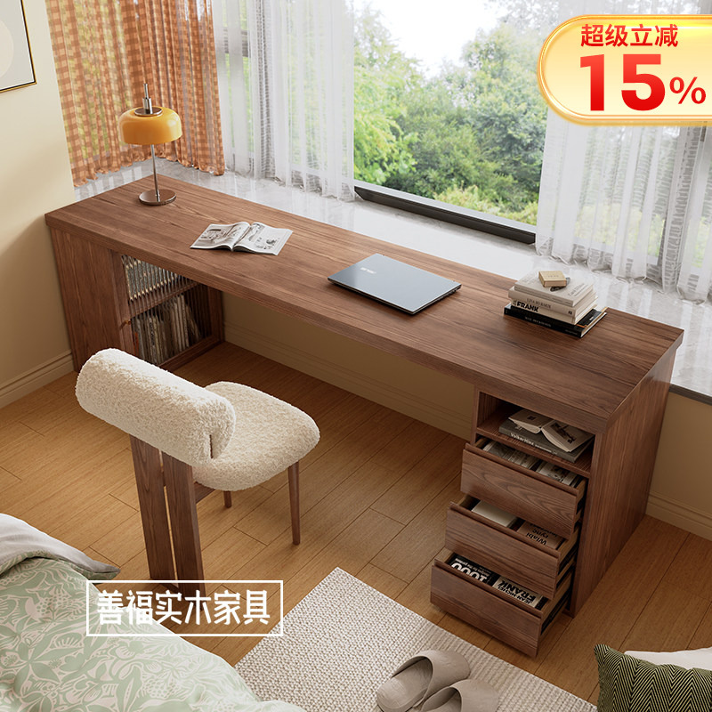 Solid Wood Desk, Home Computer Desk with Drawer, Storage Cabinet Below, Writing and Study Desk, Study Room Workbench, Long Table