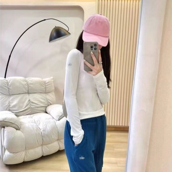 Aloyoag In-Stock Alo Cotton Long-Sleeve Ribbed Base Layer T-Shirt for Women, Quick-Dry Sports Fitness Training Yoga for Spring and Autumn